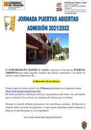 Ceip BilingÜe RamÓn Y Cajal Admisión Jornadas Puertas Abiertas Cartel 21 22 Page 0001